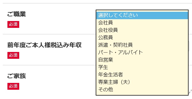 Yahoo! JAPANカード無職選択画面